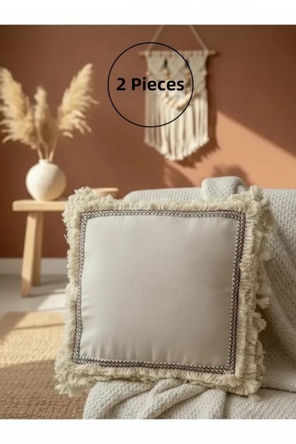 Four-Edge Tasseled Linen Cream Throw Pillow Cushion Cover43x43][