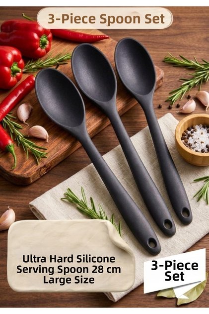 Ultra Hard Tip 3-Piece Silicone Serving Spoon - Large Size 28 cm Fireproof Non-Stick Ergonomic Strappy