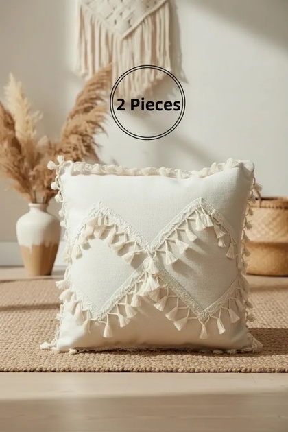 Special Design Crossed Pompom Single Linen Cream Cushion 2 Pieces Cushion Cover (45X55)