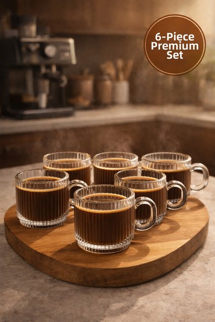 6-Piece Glass Coffee Cup Set 160 ml with Handles Heat Resistant Striped Tea Espresso Cup Set