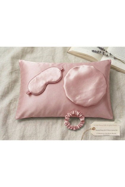 100% Pure Silk 3-Piece Beauty Sleep Set + Silk Buckle Gift (Ya Pillowcase Eye Patch, Headband)