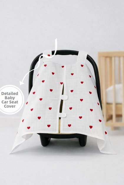 Muslin Red Heart Patterned Velcro Muslin Stroller Cover 100% Cotton