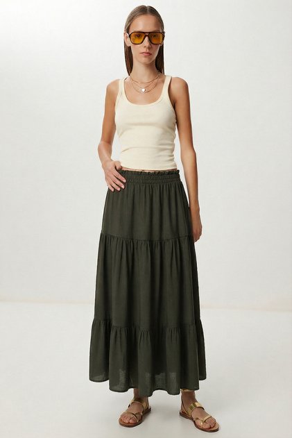 Ruffled Summer Long Skirt Viscose Lrn0008 Khaki