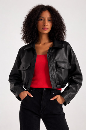 Sense Pocket Detail Zippered Cropped Leather Jacket | Ckt36473