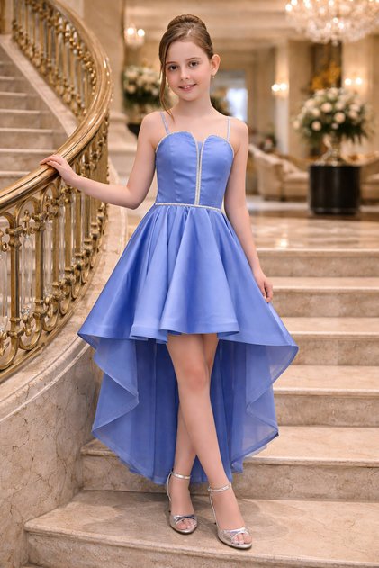 Girl's Satin Fabric Indigo Color Tailed Evening Dress
