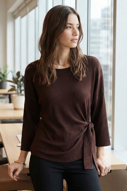 Women's Coffee Color Crew Neck Soft Textured Batwing Sleeve Tie Front Blouse Arm-26K001021