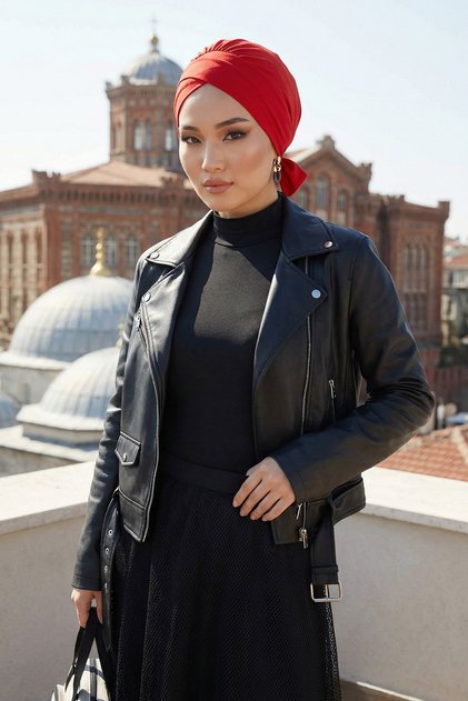Comfortable Combed Cotton Bonnet with Belt, Red, B-31
