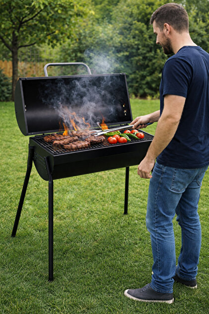 Kapaklı Varil Mangal Barbekü Krom Kaplama Izgara 90x80cm AF080