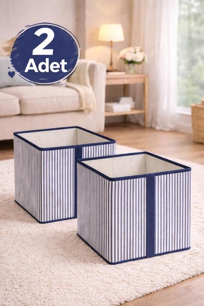 2 Adet Lacivert Çizgili Dolap İçi Çamaşır Oyuncak Düzenleyici Katlanır Saklama Kutusu 30x30x30 cm