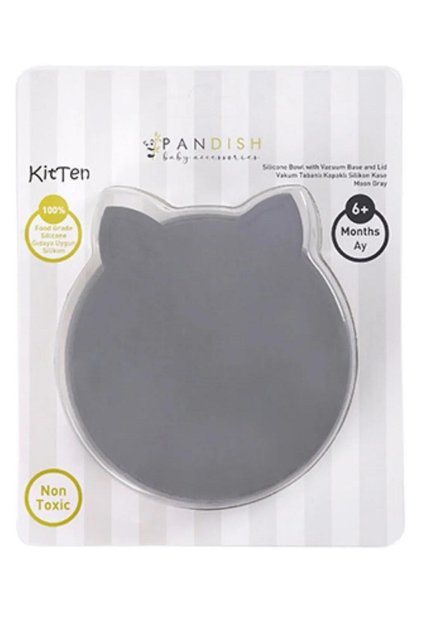 Kitten Vacuum Base Silicone Bowl with Lid - Gray