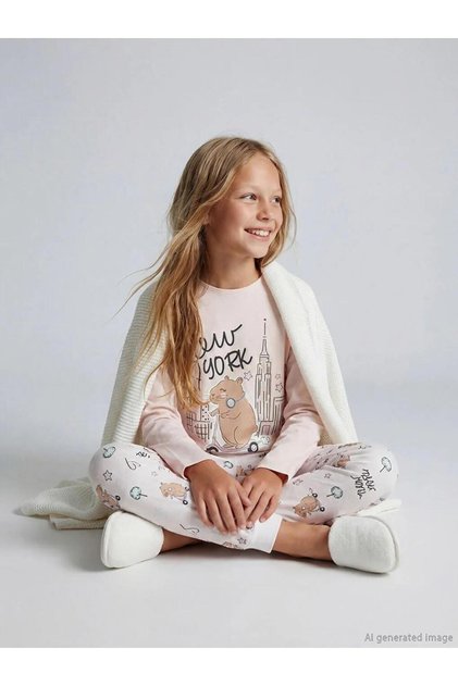 Pembe Bisiklet Yaka New York Baskılı Kız Çocuk Pijama Takım (S6)