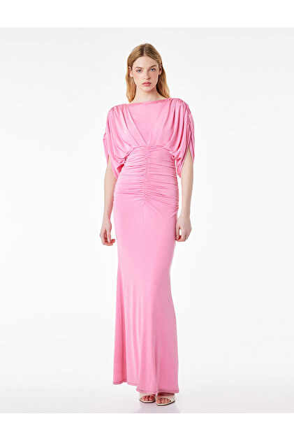 Slim Fit Deep V Neck Draped Bat Sleeve Long Evening Dress