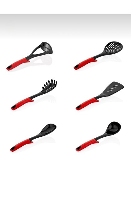 Set de tacâmuri RED cu 6 piese (polonic, lingură, spatulă, lingură pentru paste, spumieră, zdrobitor de cartofi)