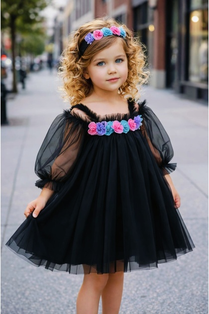 Girl's Floral Balloon Sleeve Tutu Dress