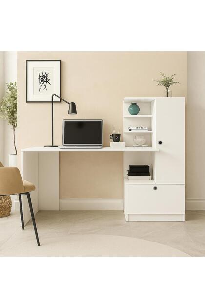 Merinos Beyaz Kitaplıklı Çalışma Masası - Çekmeceli Raflı Bilgisayar ve Ders Masası