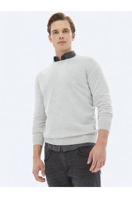 Light Gray Crew Neck Plain Knit Wool Blended Sweater