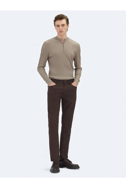 Kahverengi Dokuma Regular Fit Casual Pamuk Karışımlı Pantolon