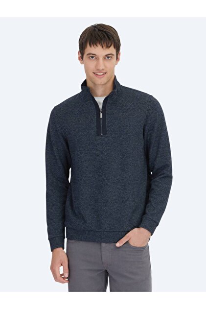 Navy Blue Stand Collar Striped Sweatshirt