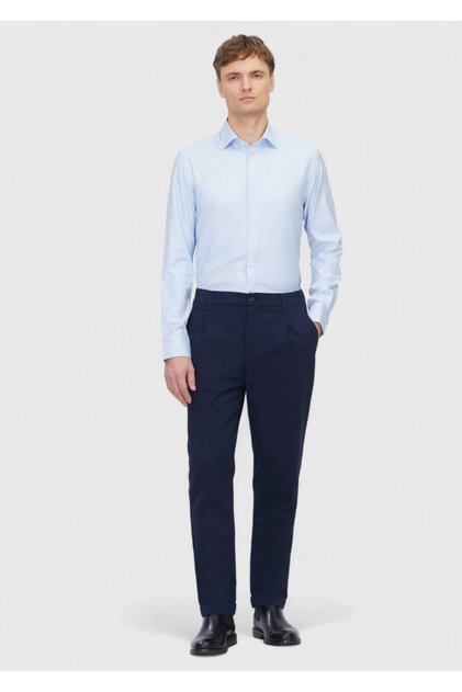 Pantaloni casual din amestec de bumbac, cu țesătură dreaptă, albastru bleumarin