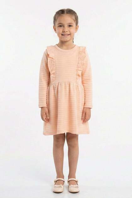 Ruffled Long Sleeve Cotton Seasonal Salmon Color Girl's Dress