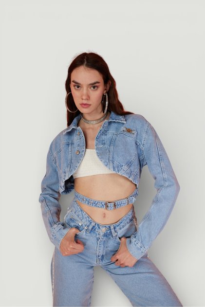 Crop Model Button Closure Belt Detailed Biana Denim Jacket Blue
