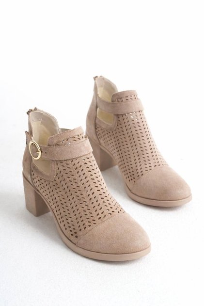 Women's Beige Suede Zip-Up Heeled Perforated Summer Boots