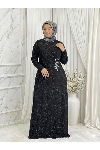 Luxury Evening Dress with Self-Glitter Stones on the Front