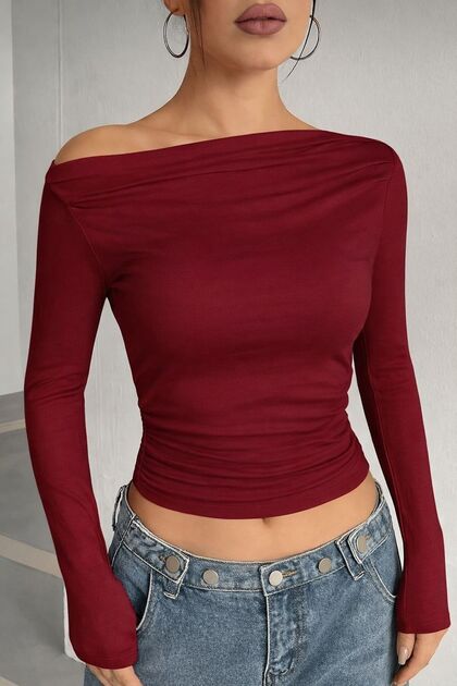 New Arrival Women's Burgundy Off Shoulder Shirring Detail Viscose Fabric Long Sleeve Blouse 0024