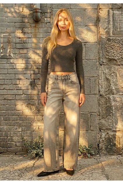 Anthracite Ribbed Knit Long Sleeve Slim Fit Cropped