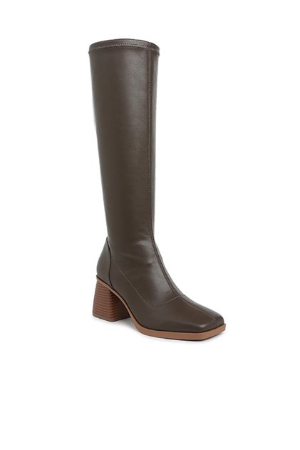 Women Faux Leather Block Heel Boots in Brown