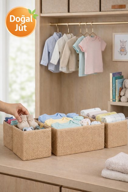 4'lü Jüt Çekmece İçi Düzenleyici Çocuk Odası Katlanır Saklama Kutusu Organizer