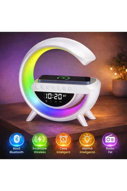 Lampă LED RGB Multifuncțională cu Încărcare Wireless, Boxă Bluetooth, Ceas Digital, Alarmă și Radio FM