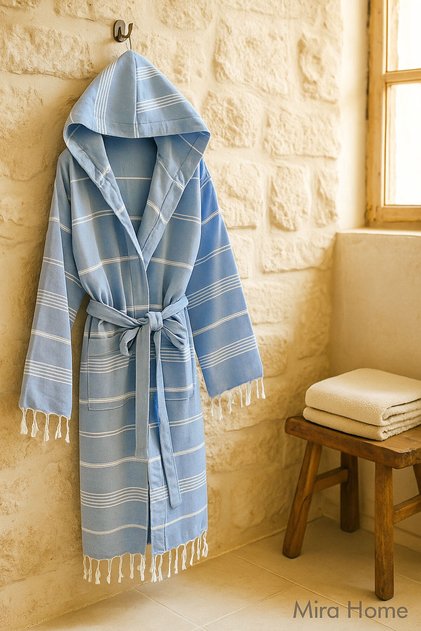 Hooded Women's / Men's Peshtemal Bathrobe Soft Natural