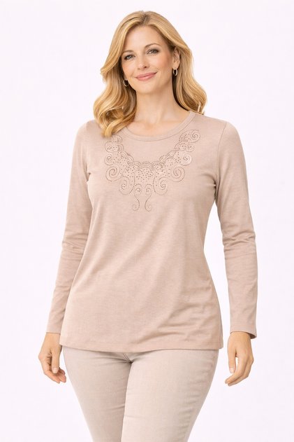 New Model Stone Embroidered Round Collar Lycra Mother's Combed Cotton Blouse 6420