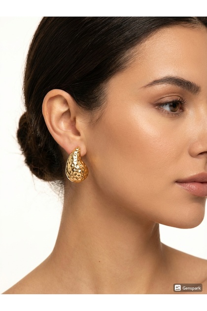 Kadın Gold Damla Küpe Vintage Dokulu Büyük Gözyaşı Damlası Küpe