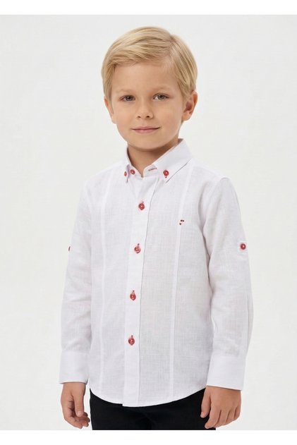 Boy's Regular Burgundy Button Detailed White Linen Shirt