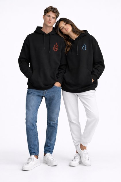 Dear Couple Combination Fire and Water Printed Hoodie - Unisex Oversize Hooded Sweatshirt 2-Piece Black1