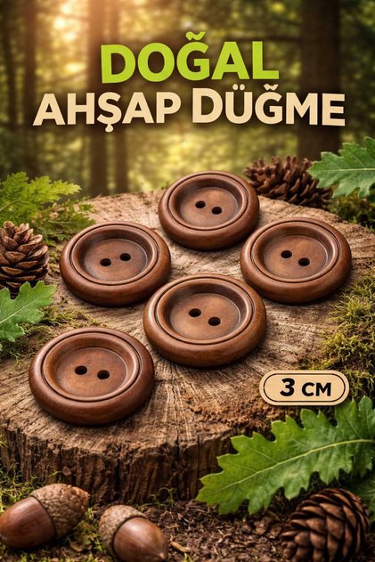 Kaban Ceket Ve Hırka Için Ahsap Doğal Tahta Düğme 3 Cm 1 Paket 5 Adet
