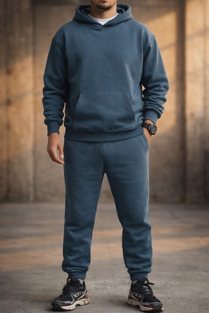 Men's Petrol Blue Relaxed Fit Tracksuit Set 3 Thread Fleece-Lined Thick Fabric Ribbed Leg Drawstring Waist