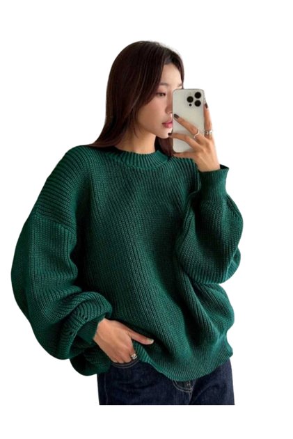 Grüner Damen-Strickpullover mit Rundhalsausschnitt in Übergröße