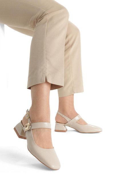 Women's Mary Jane Beige Patent Leather Open Back Square Toe Cap Short Block Heeled Shoes