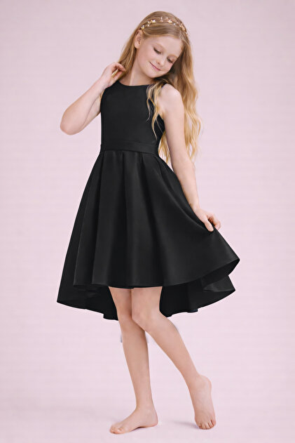 nsmkidslife Girl's Black Elegant Short Asymmetrical Dress Birthday Prom Graduation  Dress- Trendyol