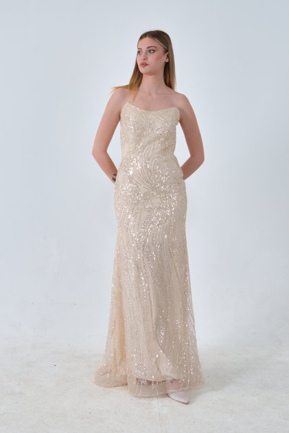 Taş İşlemeli Uzun Balık Abiye Gold 0801056