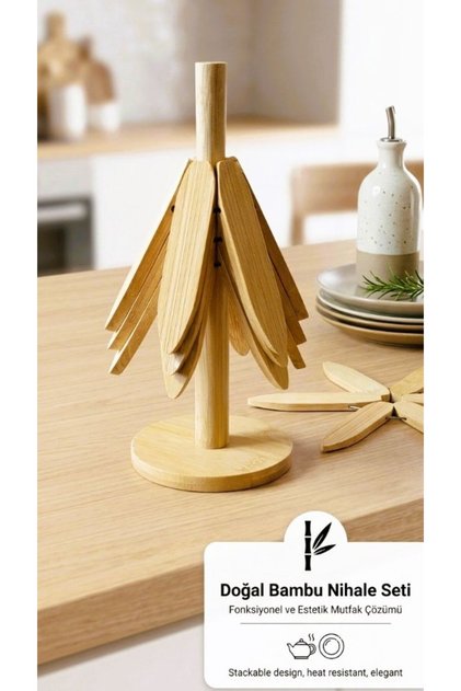 Natural Bamboo Decorative Trivet Set - 3-Piece Folding Heat Mat - Star Trivet for Home Office