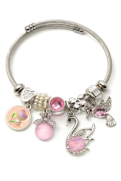 Swan Rose Bee Panda Flower Cat Clock Figured Stainless Steel Charm Bracelet