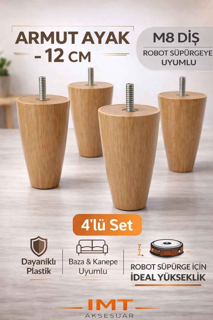 Armut Mobilya Ayağı 4 Adet 12 cm Açık Meşe Robot Süpürgeye Uyumlu Koltuk Kanepe Baza Ayağı Seti