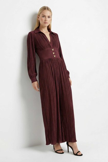 Rochie burgundy cu decolteu în V și detaliu la talie 252732