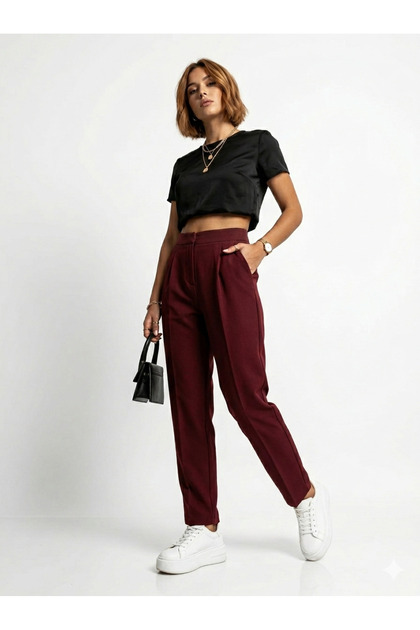 Women's Skinny Leg Pleated Transitional Classic Fashion Fabric Trousers 4687