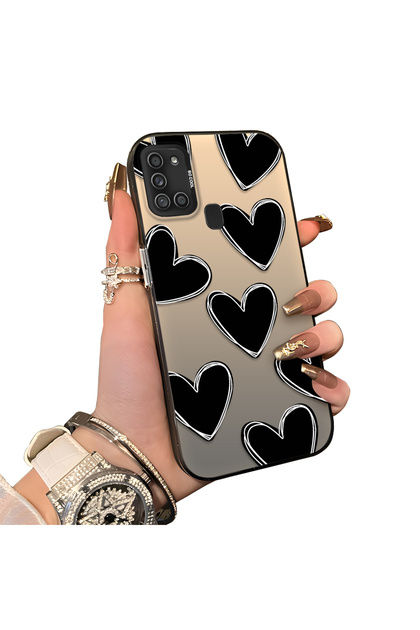 Samsung Galaxy A21S Compatible Hard Acrylic Back Silicone Edge Lens Protection Case Heart Pattern
