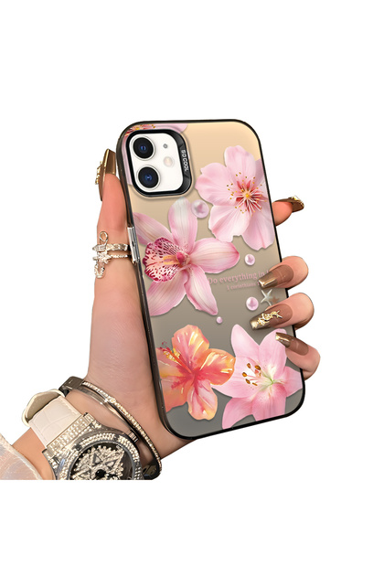 iPhone 12 Mini Compatible Hard Acrylic Back Silicone Edge Lens Protection Case Lily Pattern